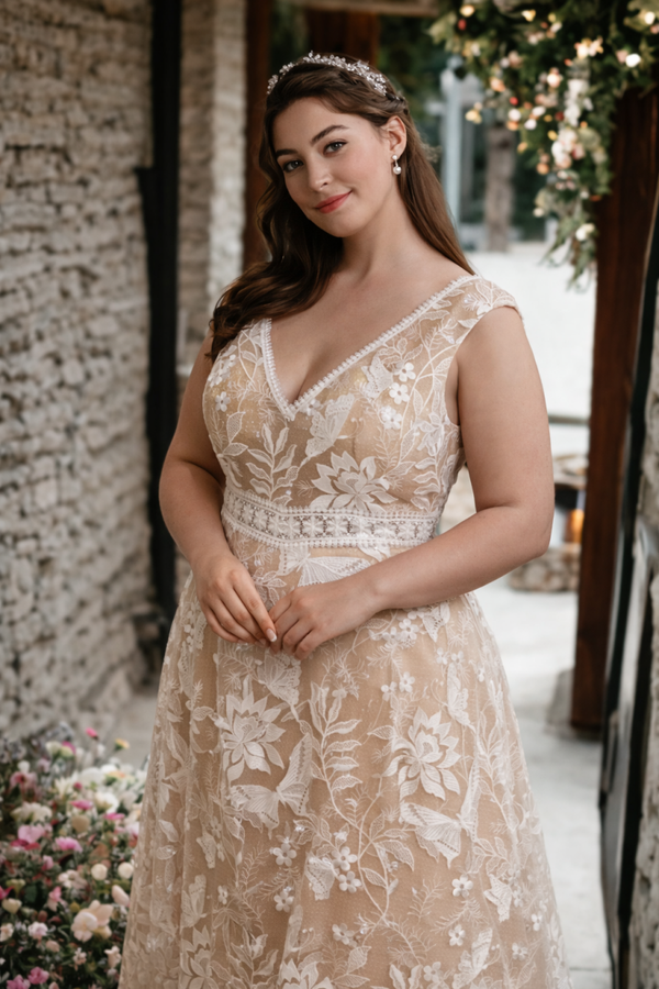 Plus size trouwjurk met boho-stijl en kanten details maat 46 Style IM2511P