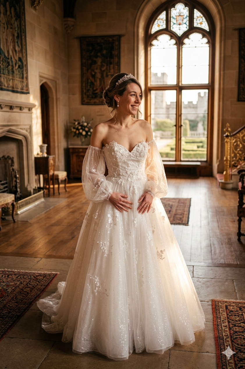 Prinsessen trouwjurk met afneembare pofmouwen – maat 42 | incl. op maat