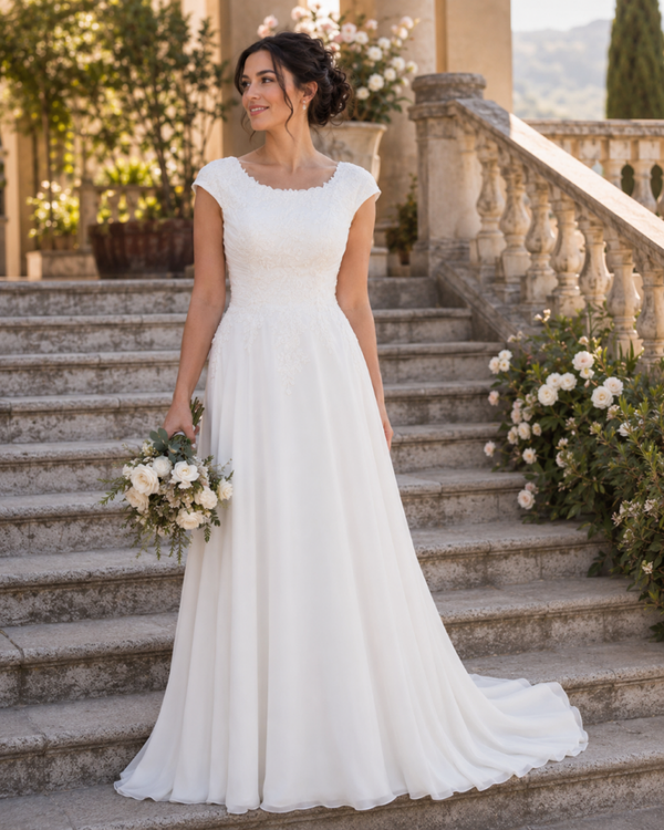 Tweedehands Rebecca Ingram trouwjurk maat 12 / 40-42 – klassiek, zacht en tijdloos code 202680