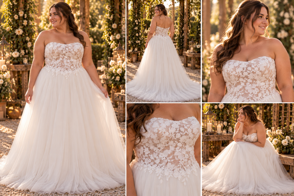 FLORENNE – Romantische plussize trouwjurk met bloemenkant en tule 🌸