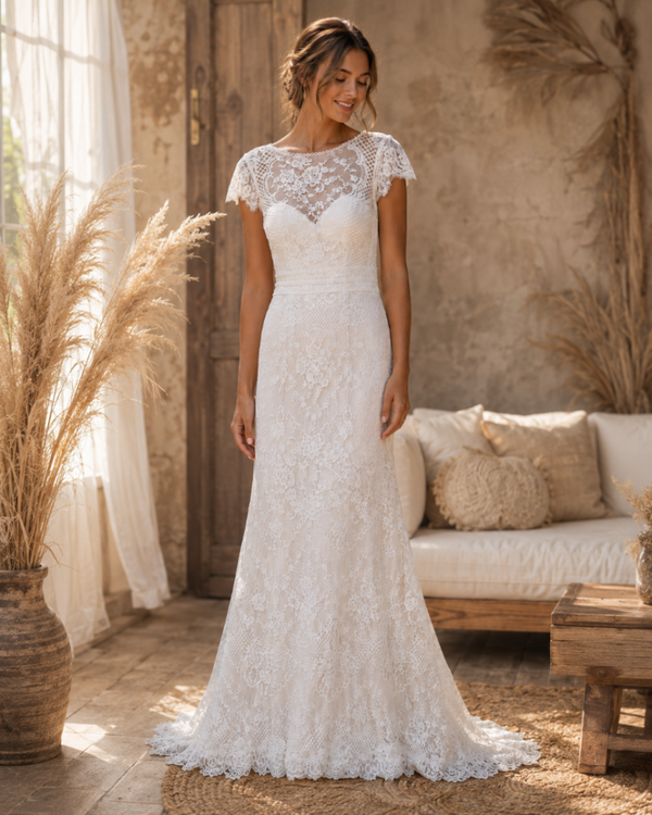 Tweedehands Sincerity bohemian trouwjurk maat 40 – romantisch kant met zachte zalm ondertoon code 202682