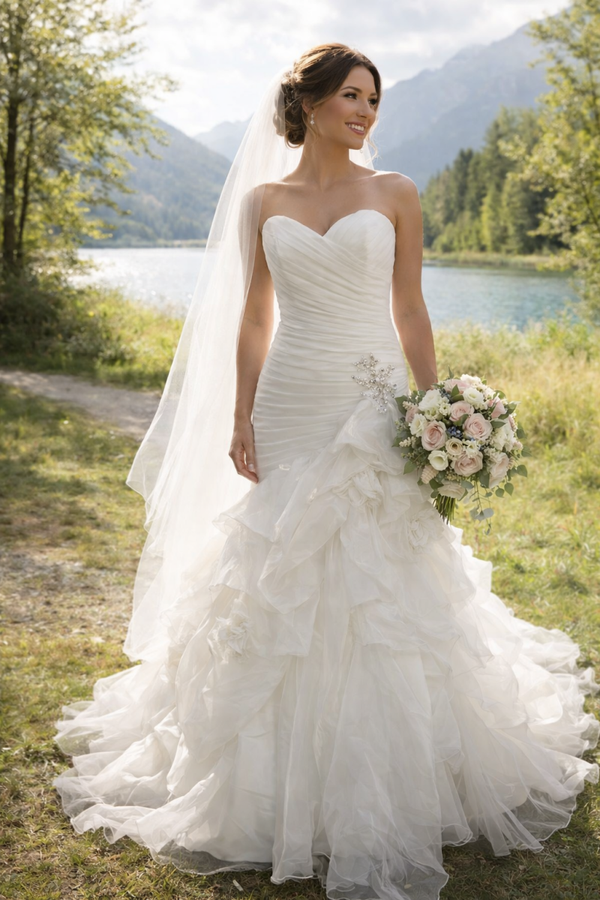 Strapless trouwjurk met geplooid lijfje en speelse rok – maat 40 IM3035