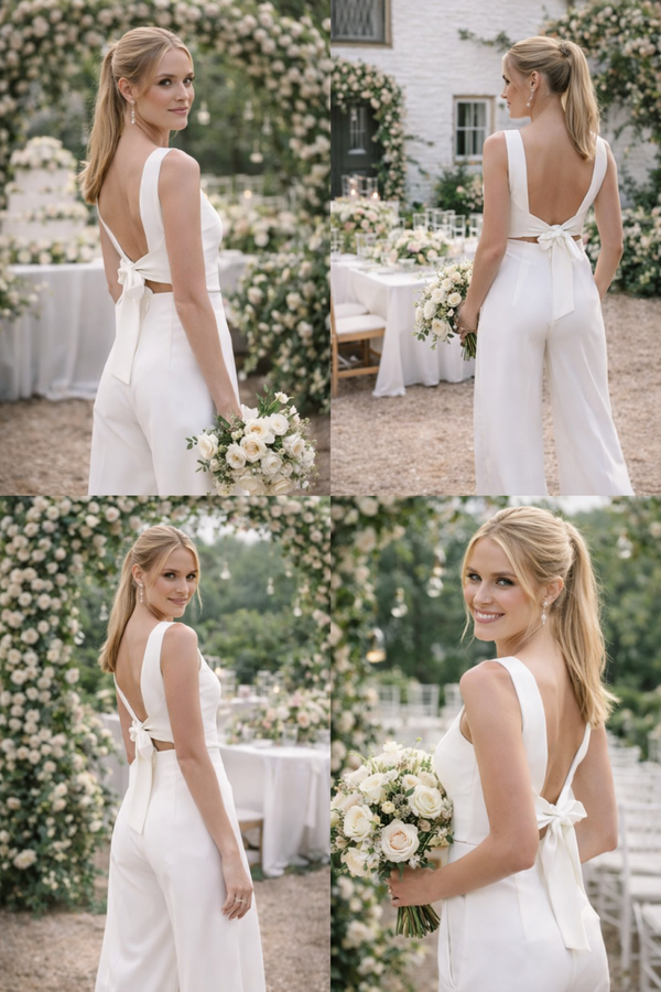 Moderne tweedelige bruids jumpsuit – top & broek Alea – diverse maten – minimalistische trouwlook