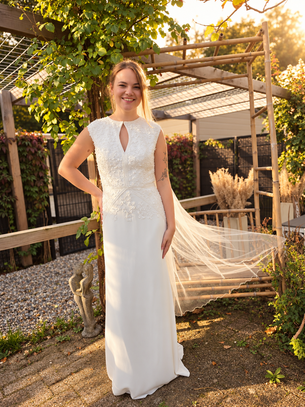 Romantische trouwjurk met 3D bloemen | Maat 42 -BE24