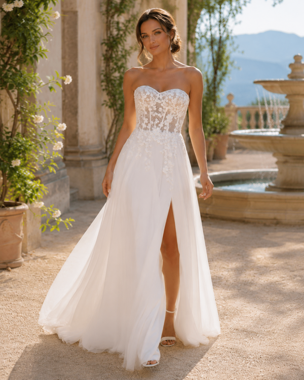 Nieuwe trouwjurk maat 36/38 – strapless trouwjurk met bloemenkant, tule rok en split code 202674