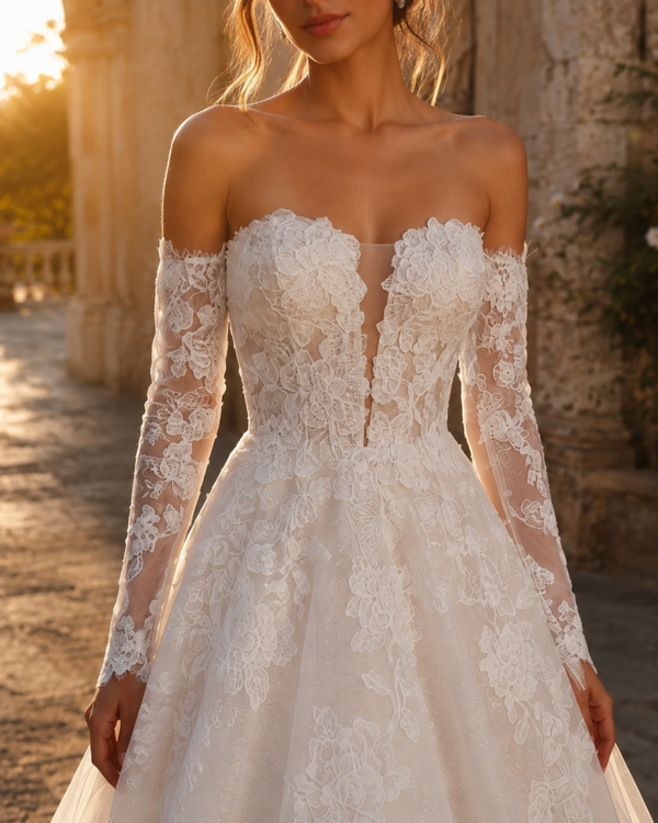Nikita Special trouwjurk  met strapless A-lijn, bloemenkant en afneembare mouwen LY3510