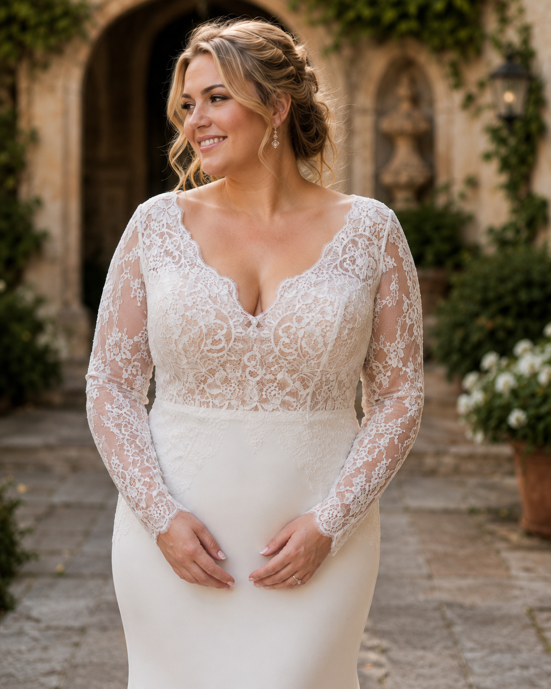 Tweedehands Pronovias trouwjurk maat 44 – elegant kant, lange mouwen & prachtige V-rug  code 2025152