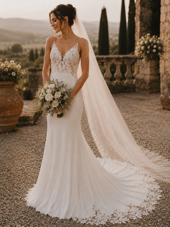 Tweedehands  Luna Novias trouwjurk – maat 34-36 – moderne elegantie met romantische kanten sleep ✨ Code 202670