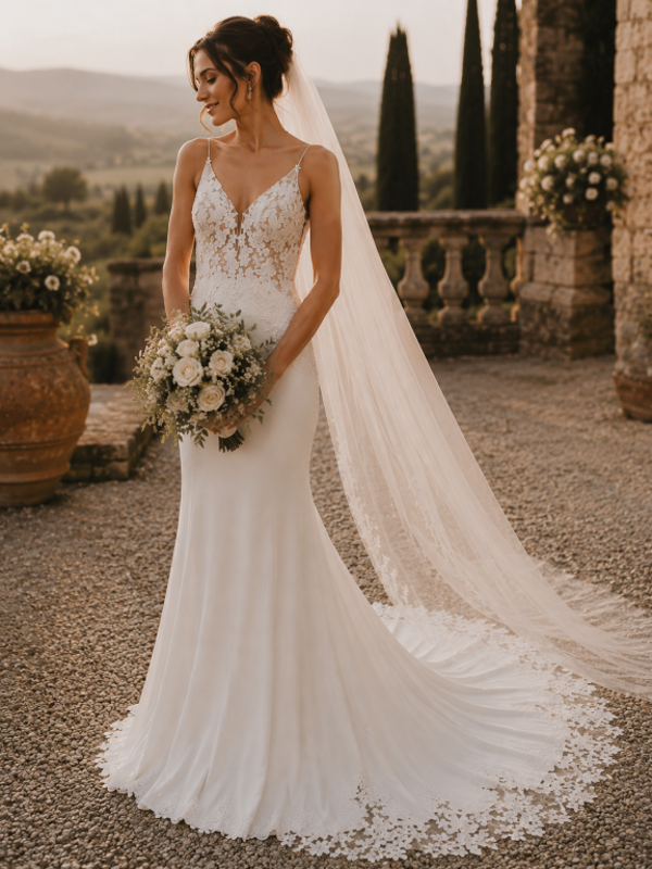Tweedehands  Luna Novias trouwjurk – maat 34-36 – moderne elegantie met romantische kanten sleep ✨ Code 202670
