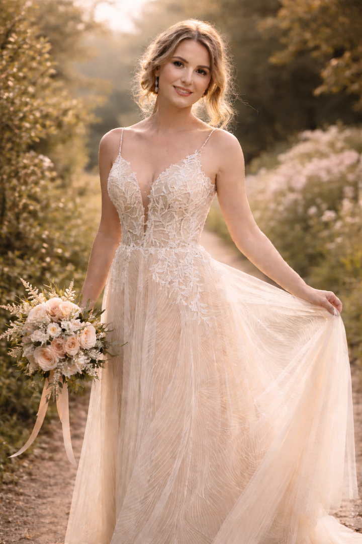 Tweedehands Nikita Special trouwjurk maat 42 – nude, boho kant & luchtige rok code 2025150