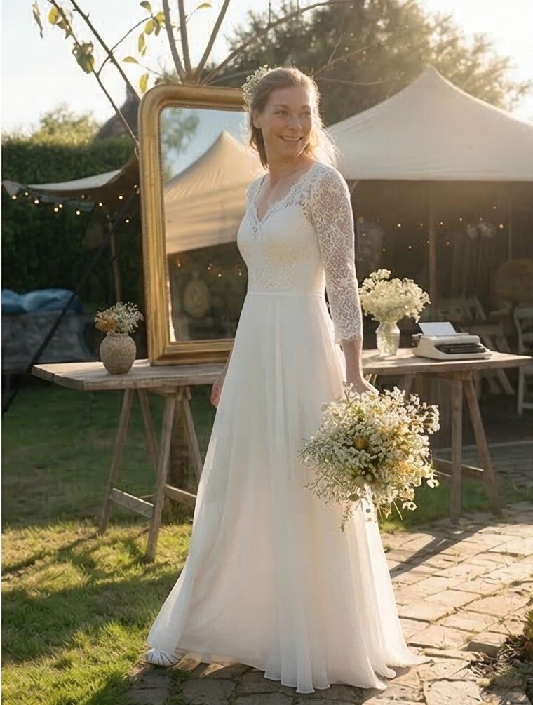 Tweedehands trouwjurk maat 38 – bohemian kanten top met chiffon rok code 202632