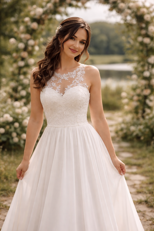 ✨ Tweedehands trouwjurk maat 40-42 – romantische bruidsjurk met kanten top en chiffon rok code 202643