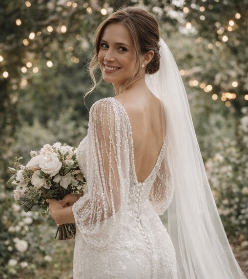 Tweedehands Victoria trouwjurk VELVET | Maat 36-38 | Split, kralen & afneembare omrok | 202642