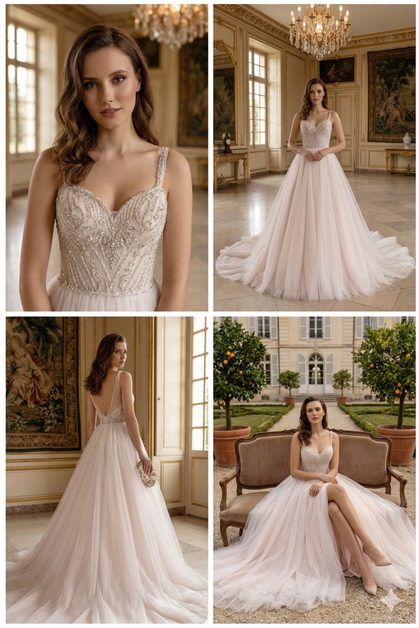 Victoria Soprano Irene trouwjurk – glitter lijfje & tule rok met sleep – maat 38-40 | incl. op maat maken