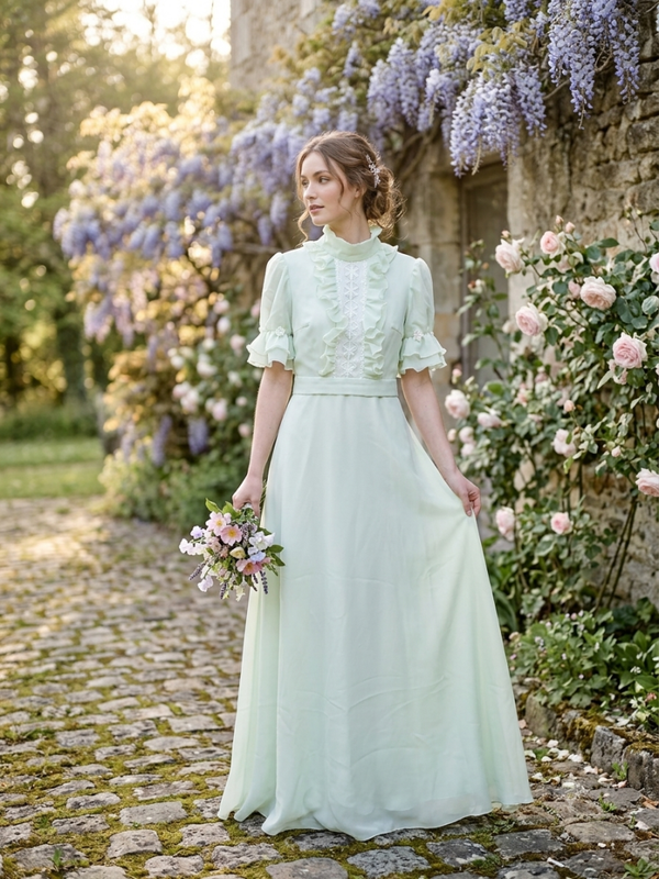 Vintage mintgroene trouwjurk met romantische ruches – maat 36-38 V15