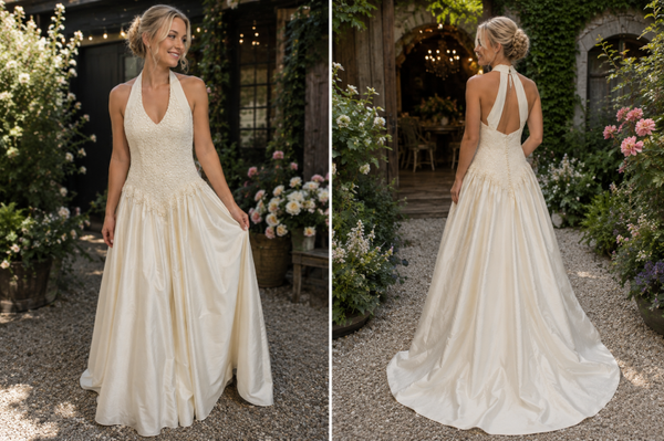 Vintage trouwjurk met halter en rok van ruwe zijde V13