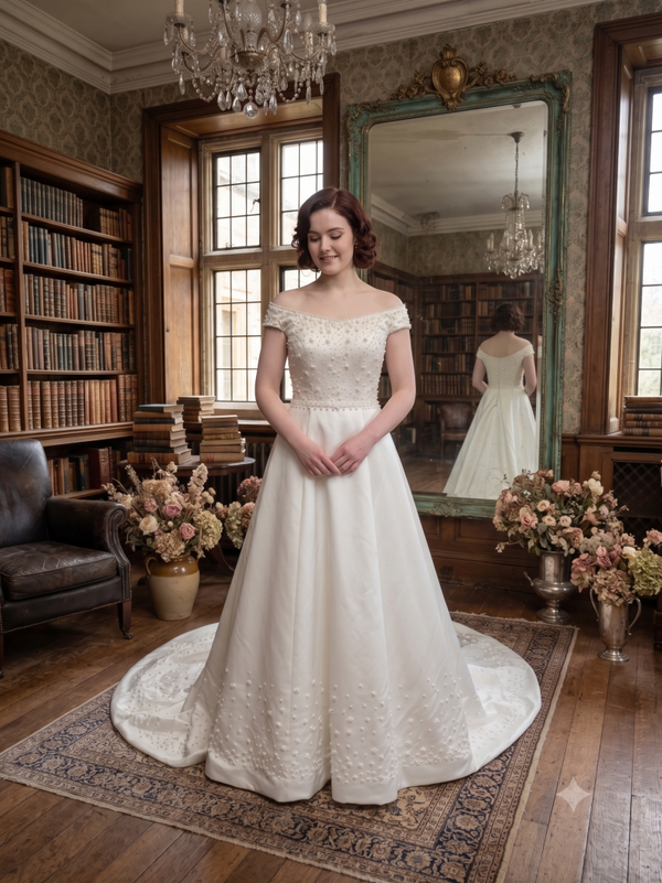 Klassieke vintage trouwjurk met pareldetails en off-shoulder halslijn V19