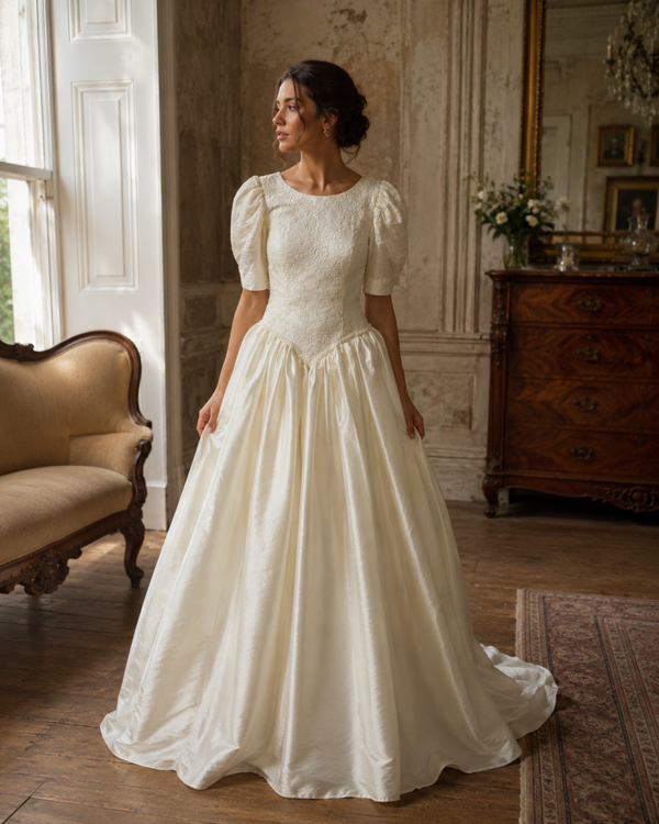 Vintage trouwjurk V4 – Koninklijke vintage met romantische pofmouwtjes