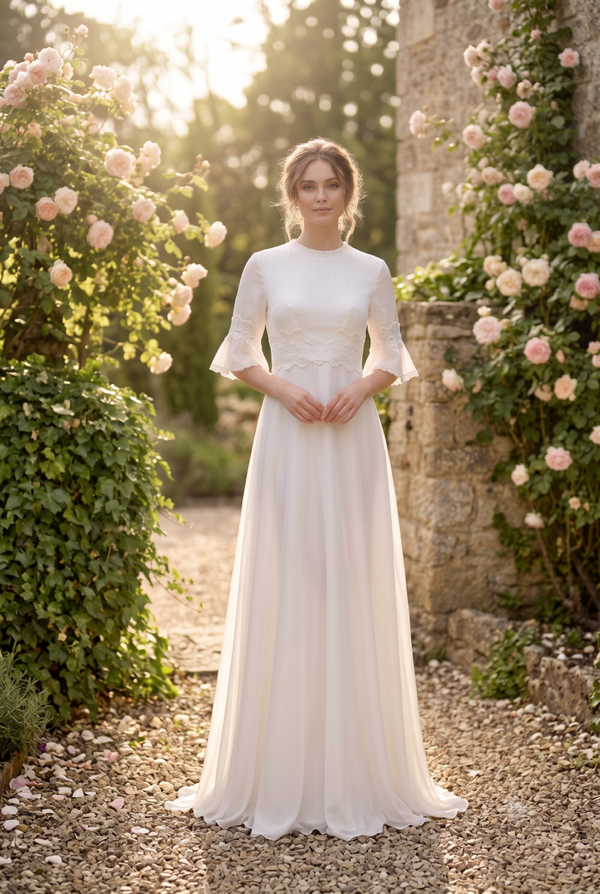 Elegante vintage trouwjurk met kanten taille en trompetmouwen V17