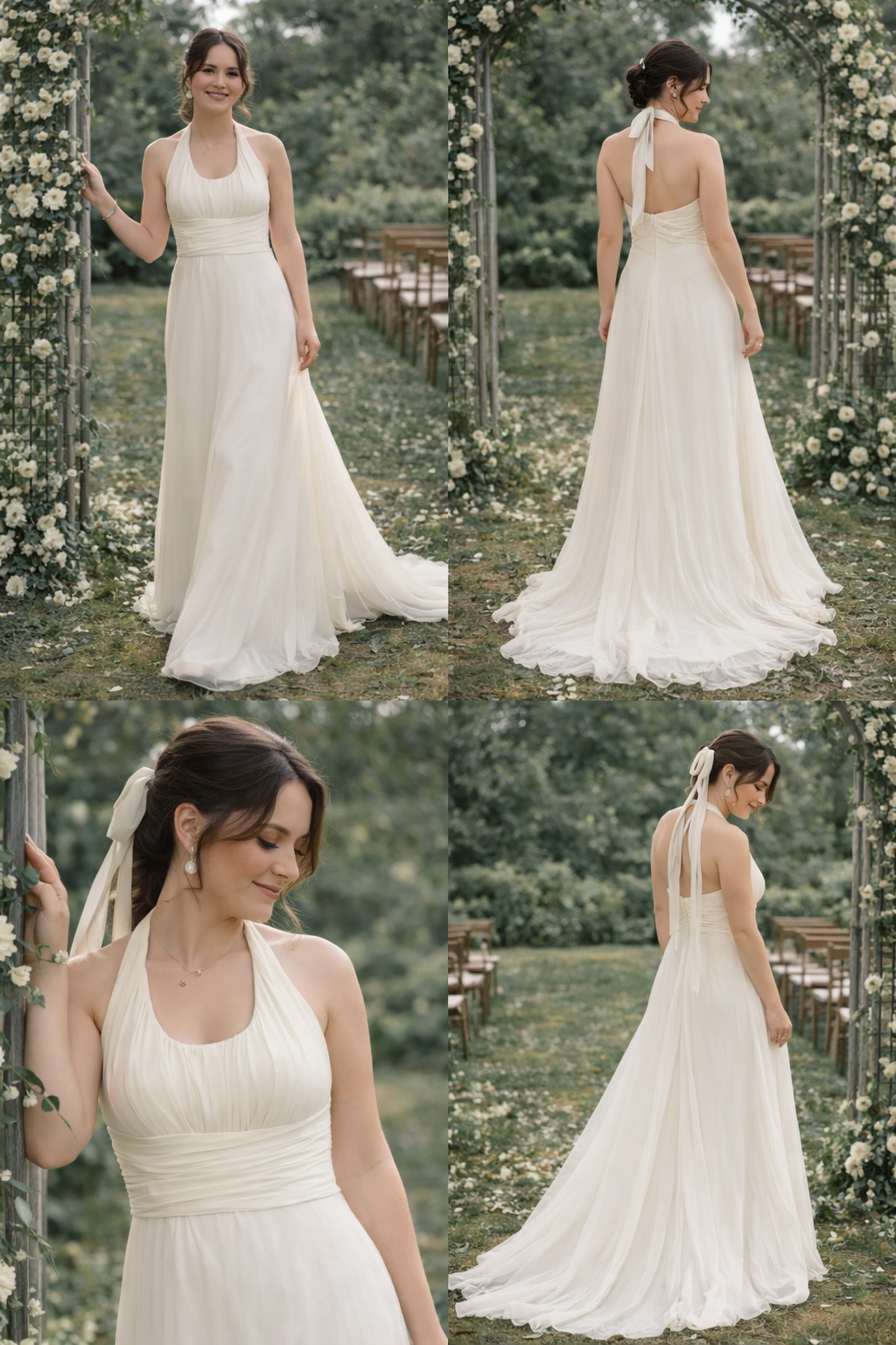 Luchtige halter trouwjurk met lage rug en soepele rok – maat 34-36  €1000 incl. op maat maken IM313