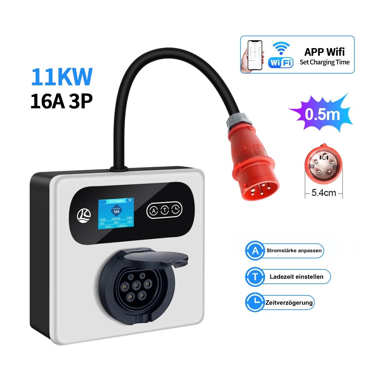 Mobile Wallbox 11kW Typ 2 16A CEE mit App Steuerung EV Ladegerät