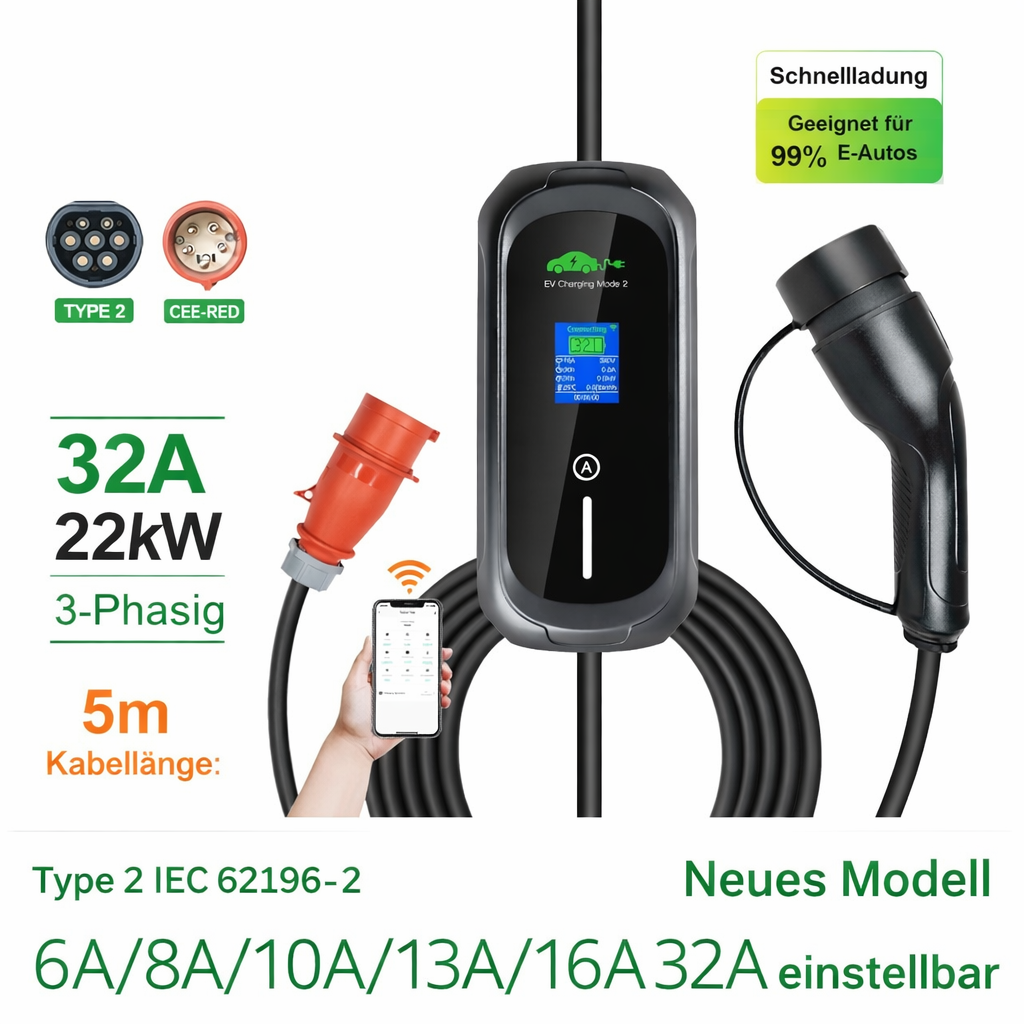 Mobile Wallbox 22kW mit App Steuerung 32A CEE Stecker Rot 3 Phasen