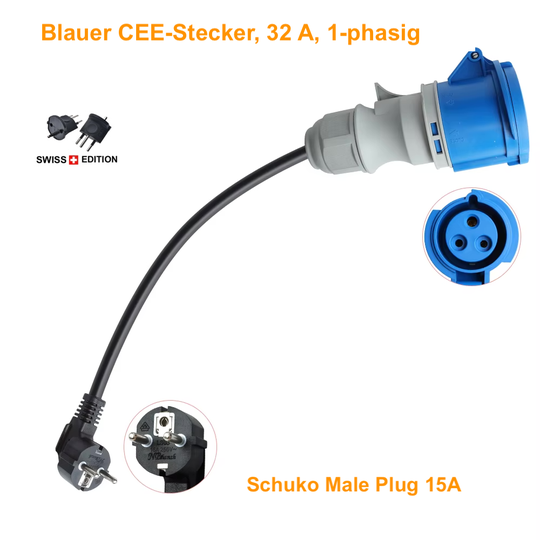 CEE blau Adapter 32A 7kW inkl. Fixadapter CH Typ12