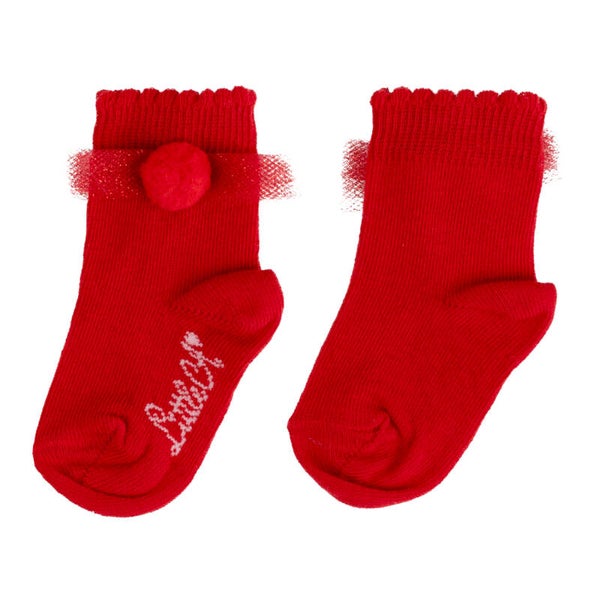 Little A - pom pom ankle socks red