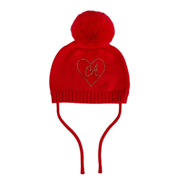 Little A - heart pom pom hat red