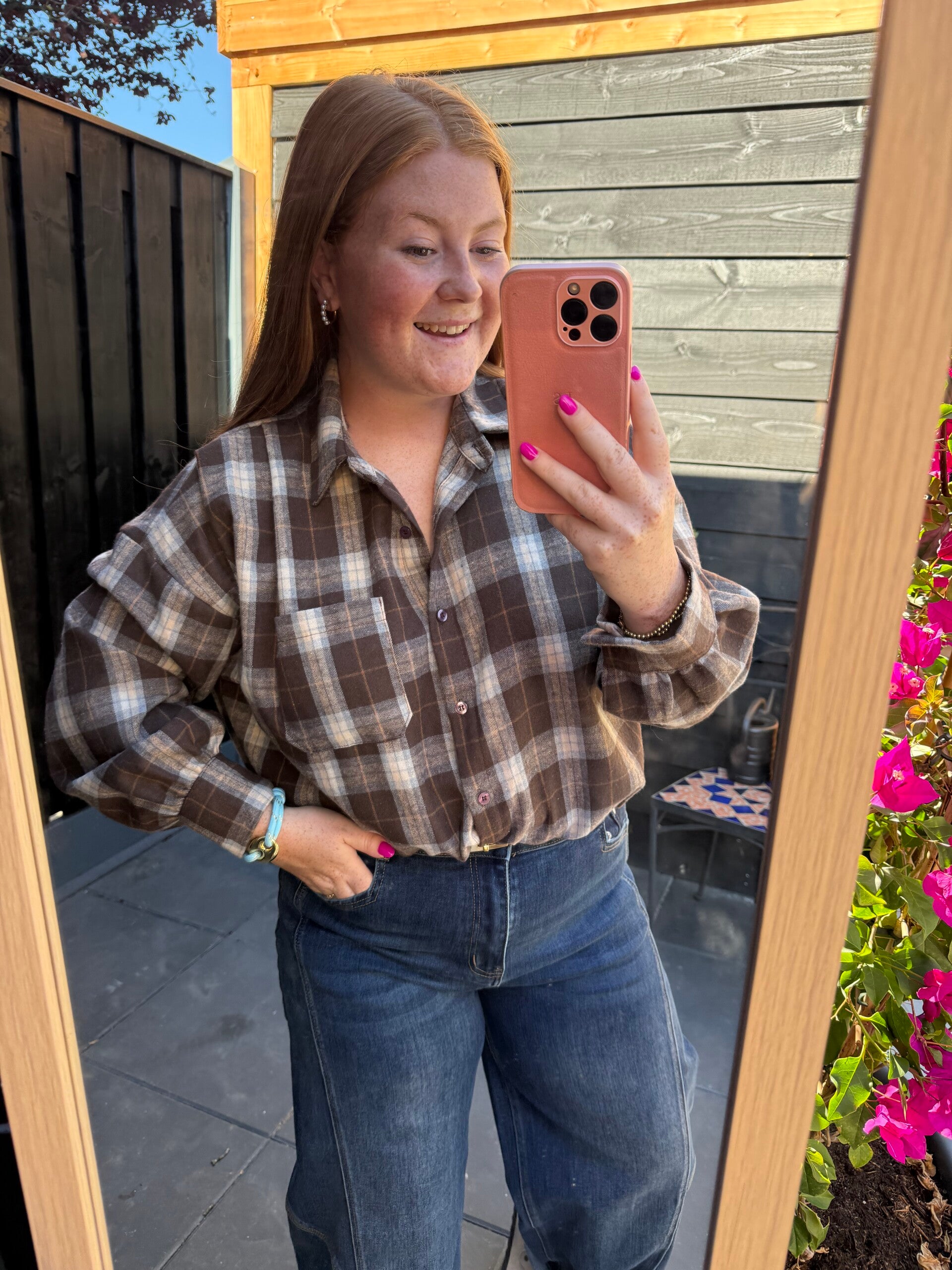 Ruit balloon blouse - Bruin
