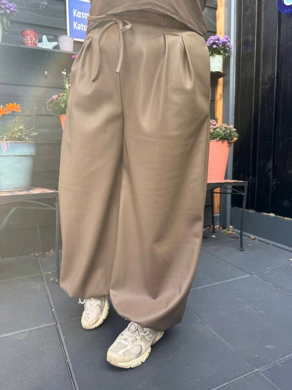 Leren balloon broek met elastiek - Taupe