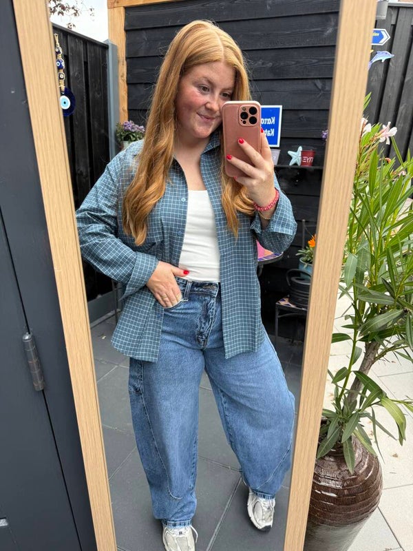 Oversized checkered blouse light blue