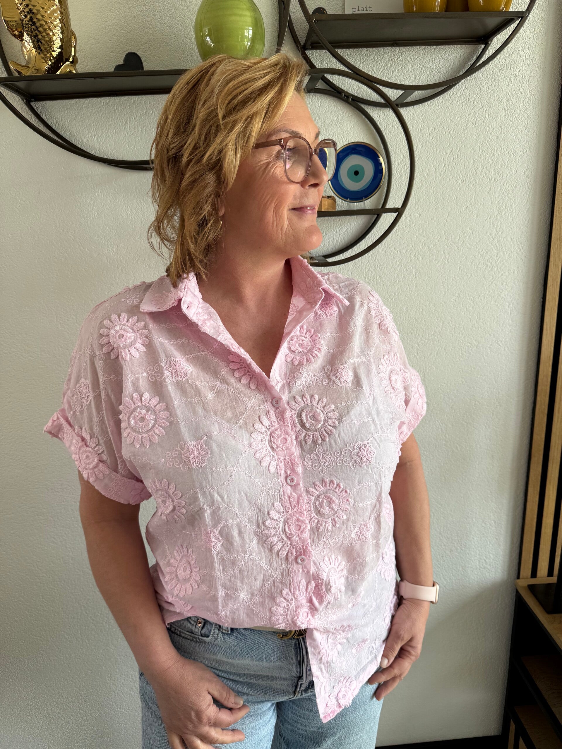 Broderie blouse bloem - Roze