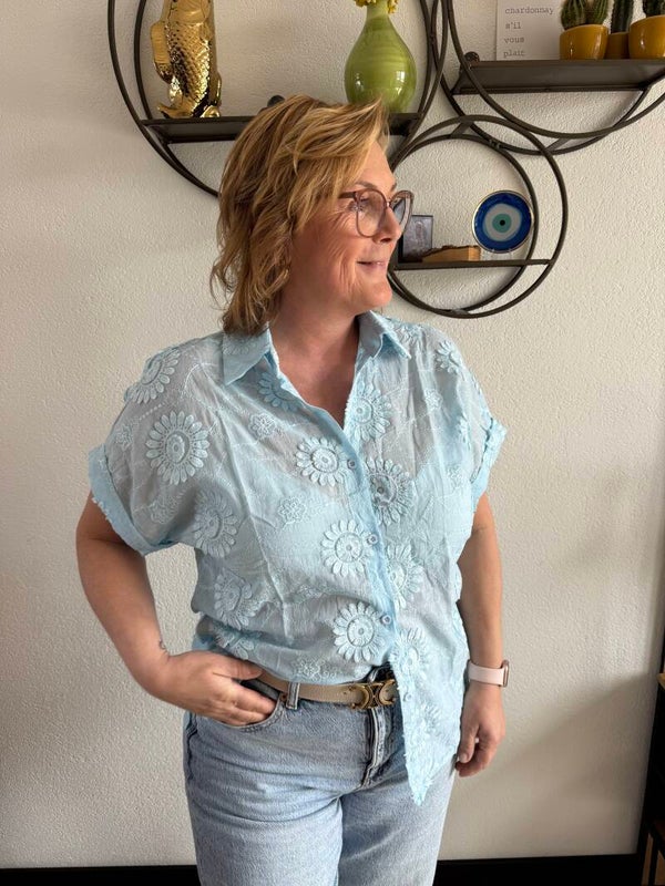 Broderie blouse bloem - Blauw