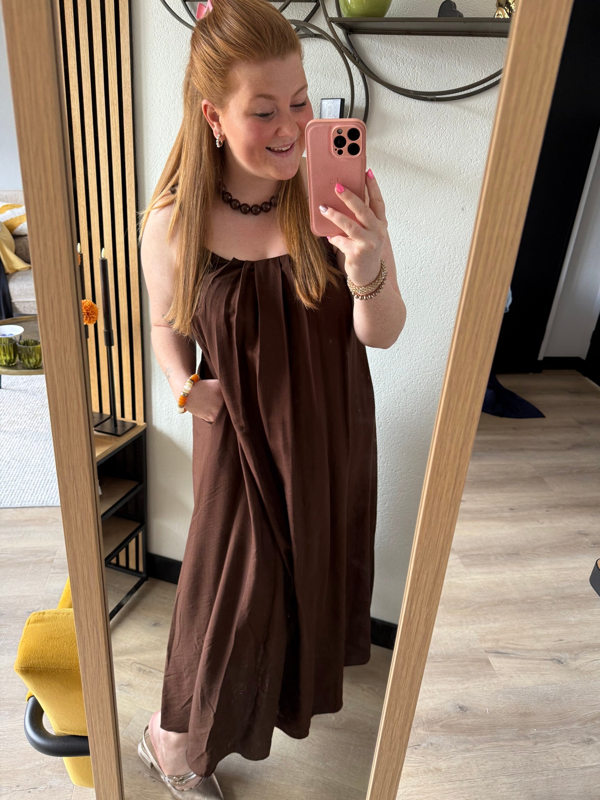 Basic spaghetti bandjes jurk - Bruin
