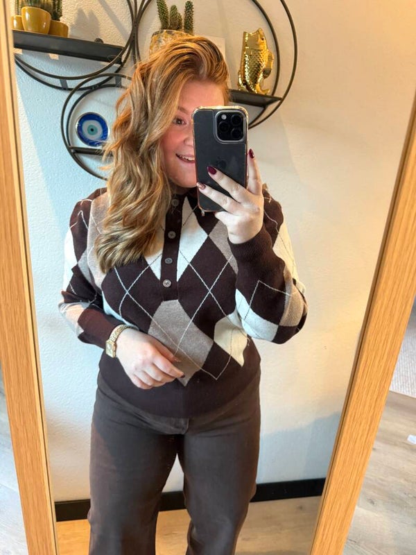 Polo ruit trui - Bruin