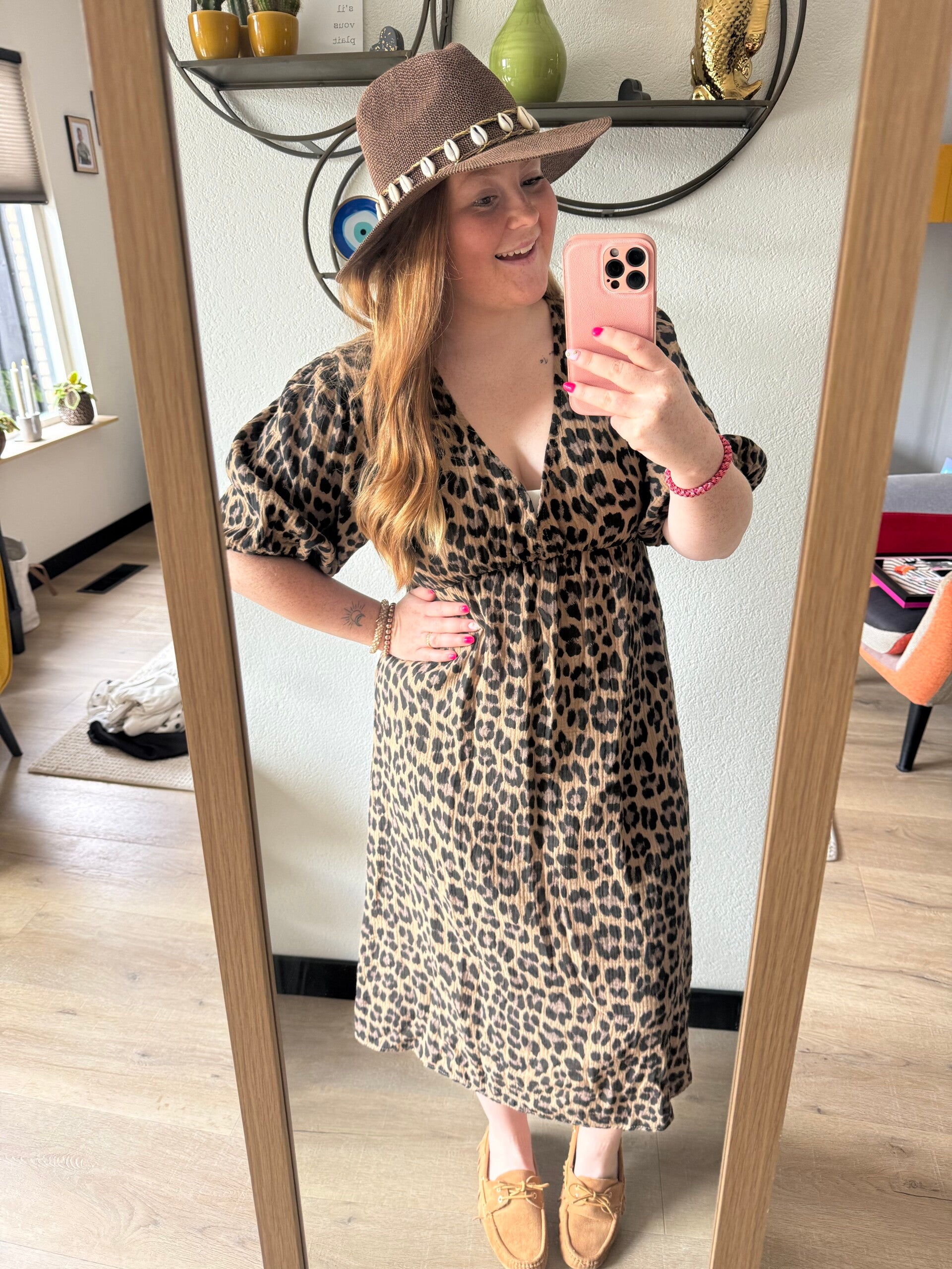 Mousseline jurk leopard - Camel