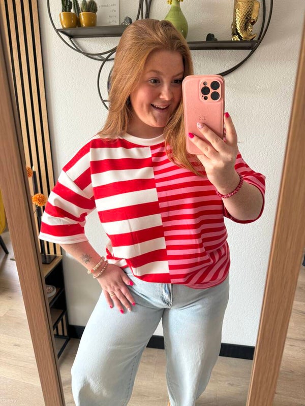 Oversized striped t-shirt - Roze Rood