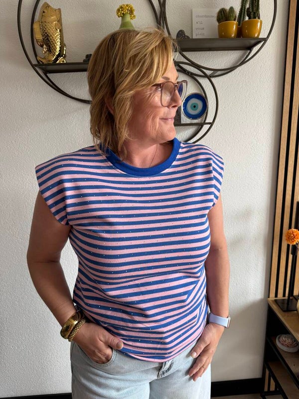 Striped glitter t-shirt - Blauw Roze