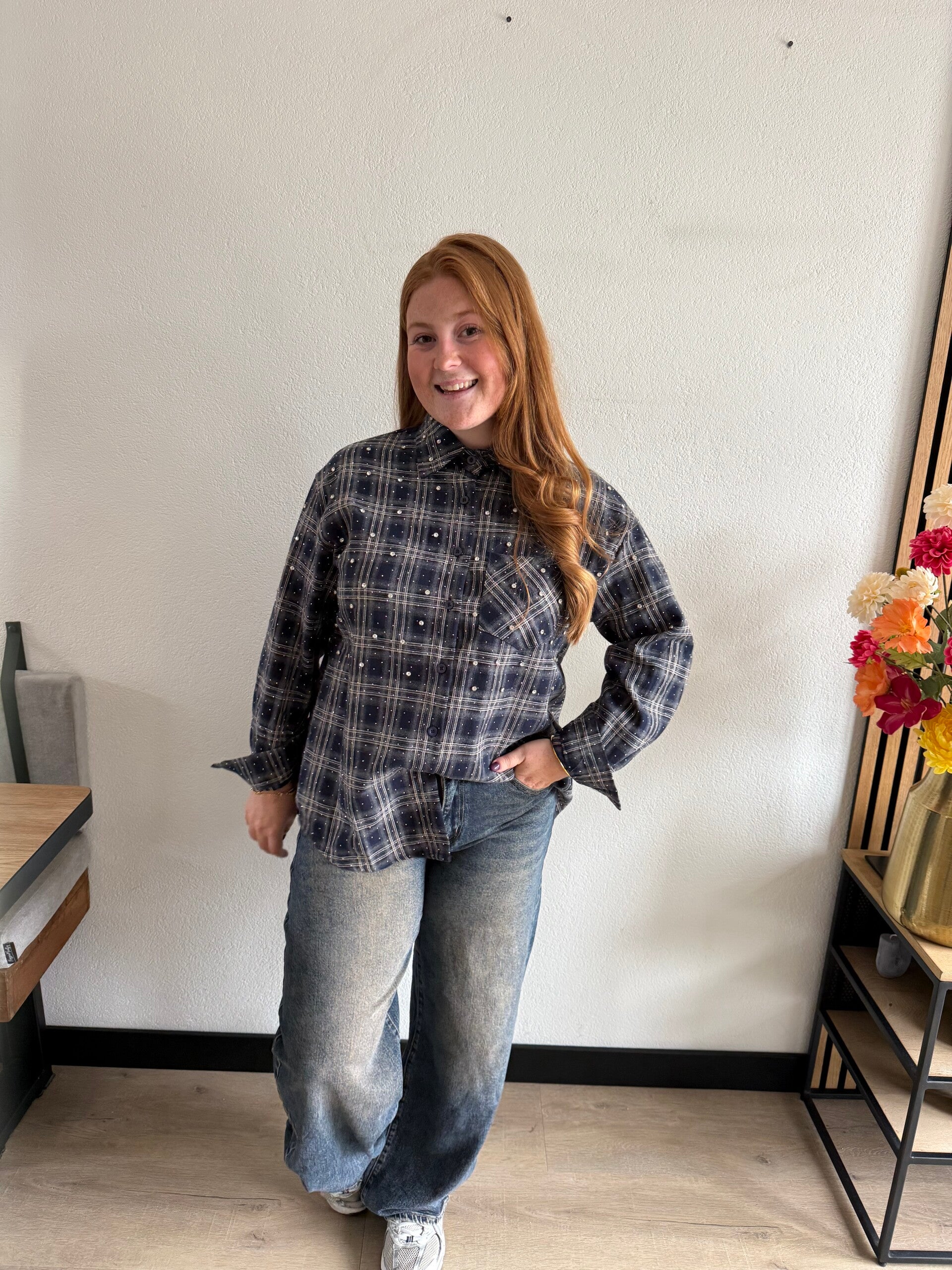 Checkered Strass blouse extra - Navy