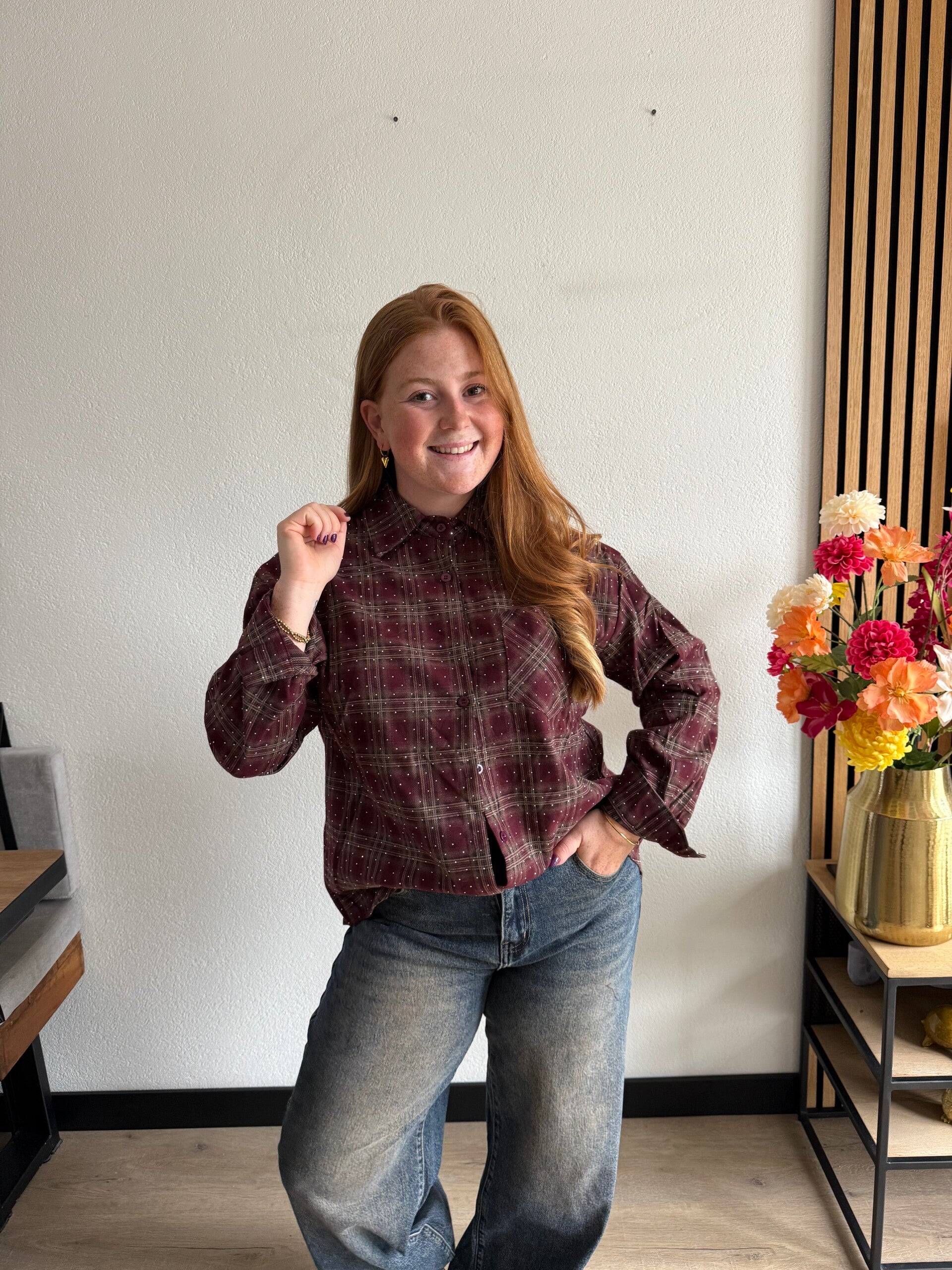 Checkered Strass blouse - Bordeaux
