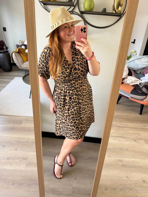 Mousseline jurk leopard kort - Camel