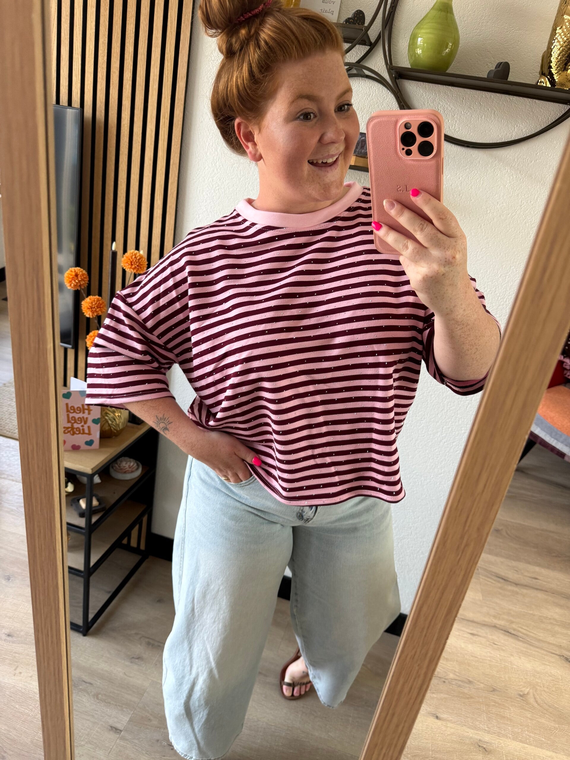 Striped glitter t-shirt - Donker roze