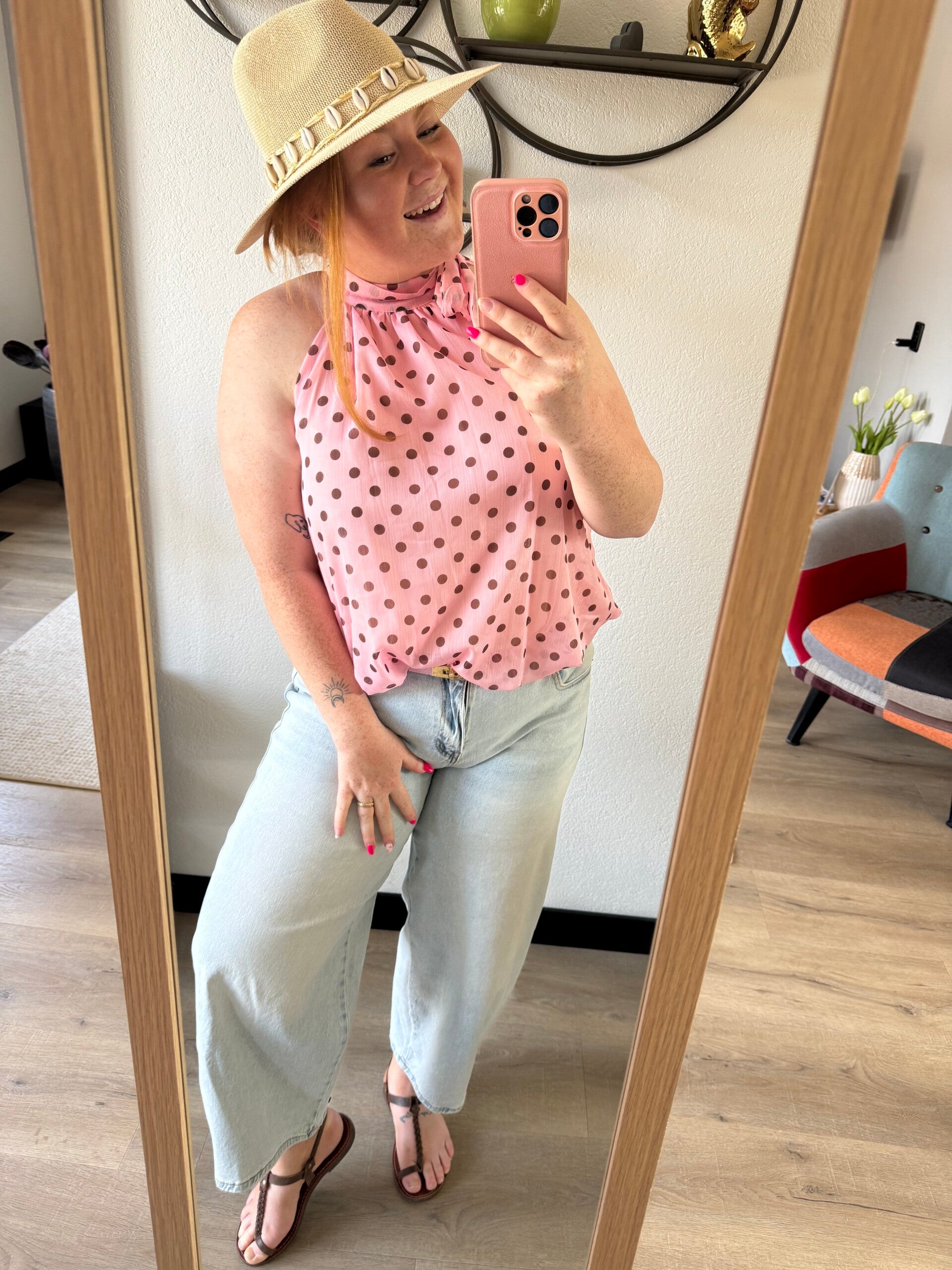 Halter balloon top polka dot - Roze