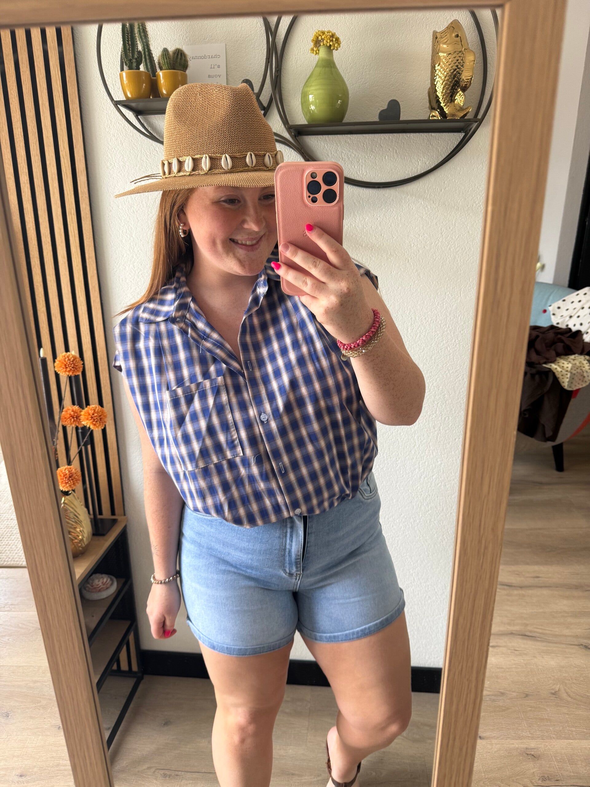 Ruit bubble blouse - Donker blauw