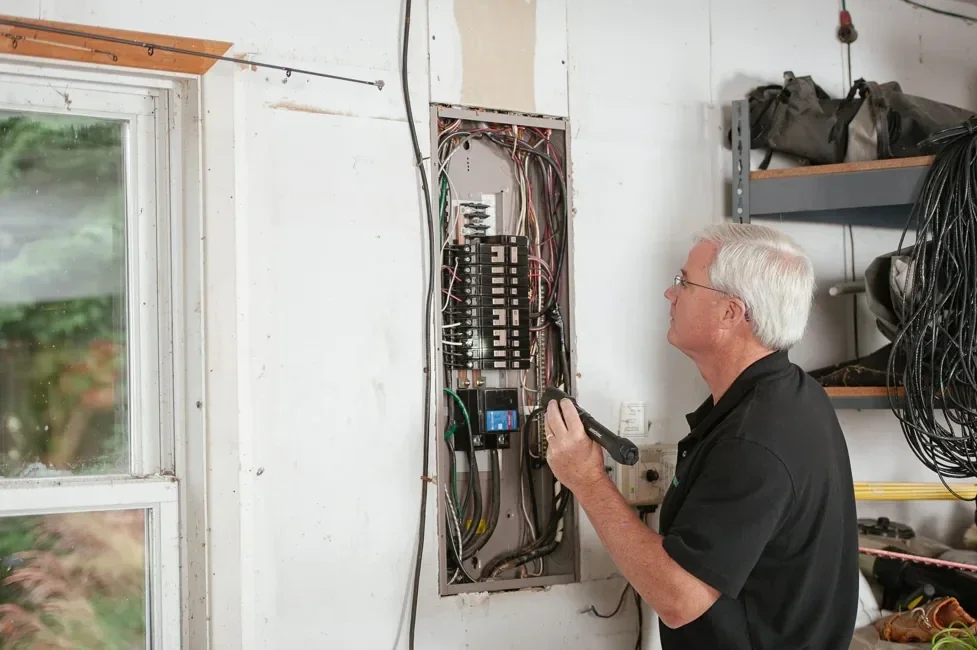 Installateur aan het werk bij een elektrische installatie in een woning