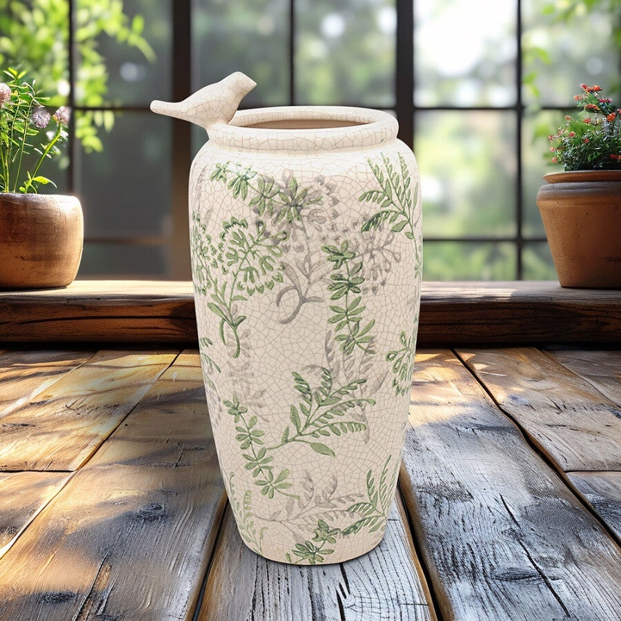 Ceramic Songbird Vase, Vintage Botanical Design, 27cm Tall Decorative Piece