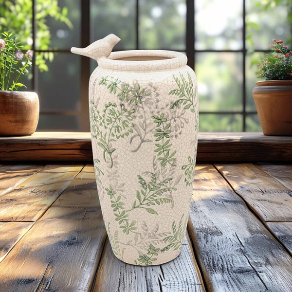 Ceramic Songbird Vase, Vintage Botanical Design, 27cm Tall Decorative Piece