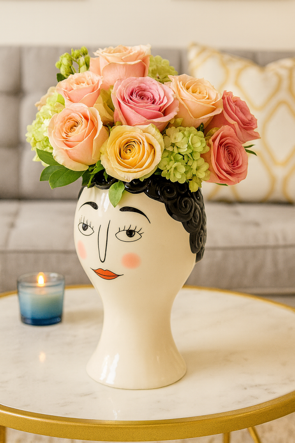 Ceramic Doodle Woman’s Face Vase – Blush Pink
