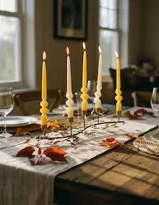Decorative candles creating warm atmospheric lighting on a dining table
